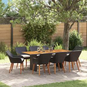 Juego de Comedor de Jardín de 9 Piezas en Poliratán Negro con Mesa de Teca, Muebles de Exterior de Estilo Contemporáneo Resistentes a la Intemperie - Product Image 1