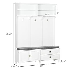 Porte-manteau d'entrée blanc avec banc de rangement, meuble d'appoint et étagères, armoire à tiroirs pour couloir - Product Image 3