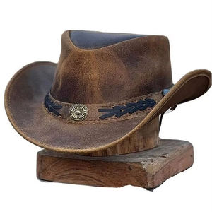 Chapeau de cowboy en cuir de vachette véritable fait main, réglable, style européen et américain, avec poils de bête, pour soirée - Product Image 1