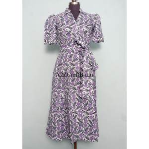 Robe midi florale Kangura pour femme, 100 % coton écologique, style Kangura, col en V, manches courtes, boutons décoratifs, lavable. - Product Image 1