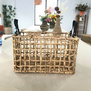 LEATHER STRAP <b>Wicker</b> Storage <b>Baskets</b> Hyacinth <b>Basket</b> Easy Carrying Laundry Bin - Product Image 5