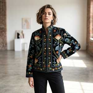 Suzani Embroidered Knitted Velvet Bomber <b>Jacket</b> Handcrafted Floral Boho Statement Wear Full Sleeve Autumn Outerwear Breathable - Product Image 1