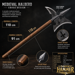 Hacha de Halberdín Medieval Antigua Forjada a Mano, Martillo Oscuro de Acero de Alto Carbono con Mango de Madera de 91 cm, Estilo Europeo - Product Image 1