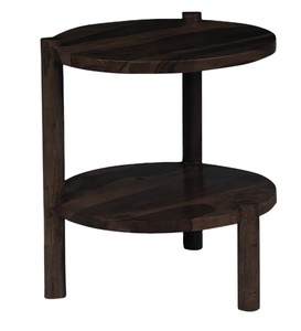 Mesa auxiliar redonda de madera maciza, pata de pedestal, de 2 niveles Estantes abiertos, acabado rústico para sala de estar y dormitorio - Product Image 1