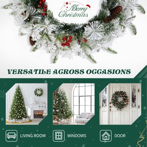 Lot de 2 couronnes de Noël artificielles de 18 pouces pré-éclairées, effet flocon de neige, luxueuses et tendance, avec 60 lumières chaudes, 140 pointes et baies rouges - Product Image 3