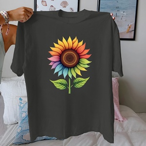 เสื้อยืดสำหรับผู้หญิงผ้าฝ้ายแท้ลายดอกทานตะวันสีเขียวใบไม้ใส่สบาย - Product Image 5