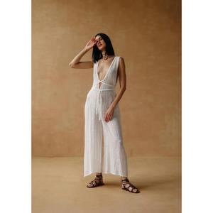 Elegant White Deep V Neck Sleeveless Wide Leg Jumpsuit For <b>Women</b> Pleated Backless Summer <b>Romper</b> - Product Image 3