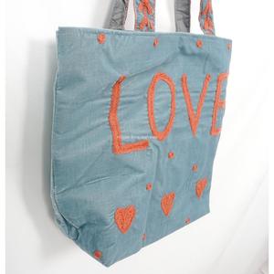 Love Embroidered Velvet Beach Summer Travel Tote Bag Bohemian Style Open Closure Cotton Women's Shopping Bag Blue <b>Orange</b> Hearts - Product Image 4