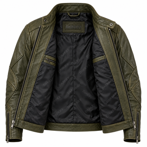 Chaqueta de cuero verde oliva con cuello alto para motociclista, estilo táctico, para carreras, unisex, de piel auténtica, proveedor mayorista - Product Image 5