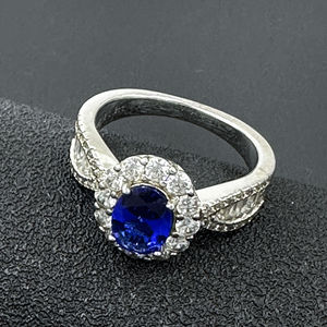 Halo <b>Set</b> Oval Cut Blue Gemstone Diamond Wedding Engagement <b>Ring</b> Baguette Side Stone 925 Sterling <b>Silver</b> Trendy Anniversary Gift - Product Image 2