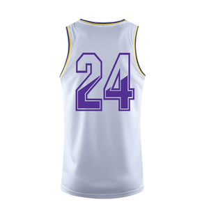 Camiseta de baloncesto personalizada para hombre, con número personalizado, ribete morado y amarillo, sin mangas, de poliéster que absorbe la humedad, corte regular, OEM - Product Image 2