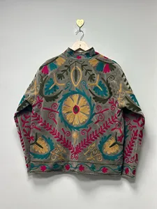 Luxury <b>Velvet</b> Suzani Embroidered <b>Jacket</b> With Floral pattern Full Sleeve Stand Collar <b>Women's</b> Winter Coat Handmade Patchwork - Product Image 4