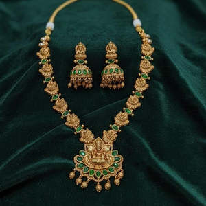 Heritage Gold Plated Pota Stone Beads Temple <b>Long</b> <b>Necklace</b> Set Featuring Natural Turquoise Religious for Weddings-10575504GR - Product Image 1