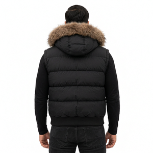 Men's Black <b>Hooded</b> Puffer <b>Jacket</b> <b>Fur</b> Trim Breathable Zipper Closure Windproof Cotton Filled Casual Streetwear Winter Wear - Product Image 4