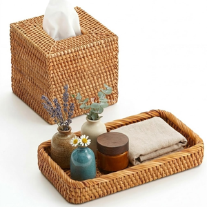 Ensemble minimaliste en rotin, plateau rectangulaire tressé et boîte à mouchoirs carrée pour salle de bain, coiffeuse et table basse - Product Image 3