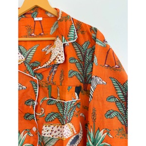 Conjunto de Pijama Bohemio con Estampado Animal, 100% Algodón, Cuello en V, Manga Larga, Cintura Elástica, Corte Regular, Transpirable, Ecológico, Informal, Verano - Product Image 5