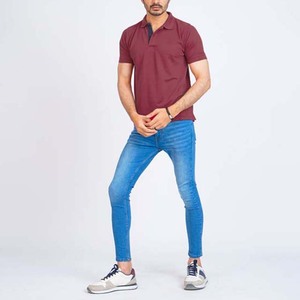 เสื้อโปโลแขนสั้นสีแดงเลือดหมูสำหรับผู้ชาย ผ้าฝ้ายถัก สวมใส่สบายๆ - Product Image 4