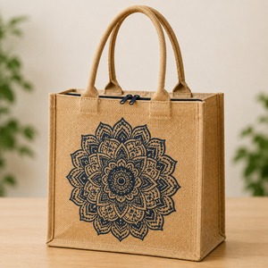 Bolsa de Playa de Yute con Estampado Geométrico Personalizado, Asas de Cuerda No Tejidas, Cierre de Cremallera, Tamaño Mediano, Reutilizable, para Regalo - Product Image 1