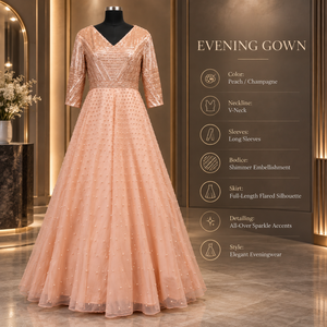 Robe de soirée élégante couleur pêche champagne |   Robe de soirée longue à col en V perlé, manches longues, coupe trapèze, pour fêtes, mariages et événements - Product Image 5
