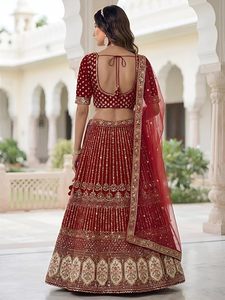 Red Embroidered Lehenga Choli <b>Sequin</b> Mirror Work Bride Wedding Dress Traditional Indian Bridal Outfit With Dupatta - Product Image 2