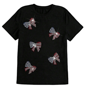 T-shirt graphique noir à nœud en strass pour femme, col rond, manches courtes, coupe classique, tissu personnalisé écologique, séchage rapide, respirant - Product Image 2