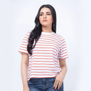 Women's White <b>Red</b> Striped T-Shirt Short Sleeve Crew Neck Regular Fit Casual Spring Summer Breathable Jersey Knit Cotton - Product Image 1