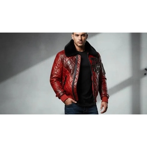 Blouson bomber en cuir rouge pour homme avec col en fourrure et broderie de paillettes - Product Image 5