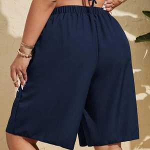 Pantalones Cortos Tipo Culotte para Mujer, Cintura Elástica, Color Sólido, Pierna Ancha, Casuales, Primavera-Verano, Tejido 100% Algodón, Personalizables - Product Image 1