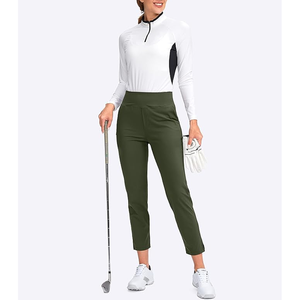 Pantalones de Golf Verde Oliva para Mujer, Cintura Elástica, Tejido Elástico, Color Sólido, Corte Deportivo, Transpirables - Product Image 3