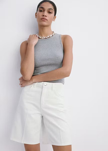 Shorts Bermuda Blancs pour Femmes, Taille Haute, Fermeture à Boutons, Coupe Classique, Coton Oxford Uni - Product Image 3