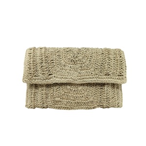 Bolso de mano de paja tejida para mujer, informal, beige, de rafia, para verano, playa, con ribete de piel sintética marrón y cierre de broche dorado. - Product Image 4