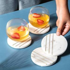 Round Marble Coasters Set With Wood Inlay Modern <b>Heat</b> Resistant Table Mats For Drinks Protection marble coasters set - Product Image 1