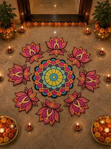 Décorations festives Diwali Mandir : Ensemble de tapis de sol artistique en bois MDF, planche modulaire Mandala Rangoli de 14 pouces avec découpes florales de lotus roses - Product Image 1