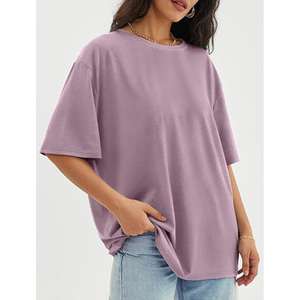 Camiseta de Algodón para Mujer, Talla Grande, Color Sólido, Cuello Redondo, Manga Corta, Corte Holgado, Estilo Casual de Primavera/Verano, Color Morado - Product Image 1