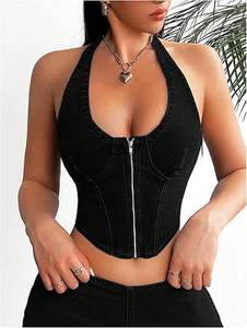 Haut corset en jean pour femme, style halter, court, à lacets, noir, avec boutons sur le devant - Product Image 2