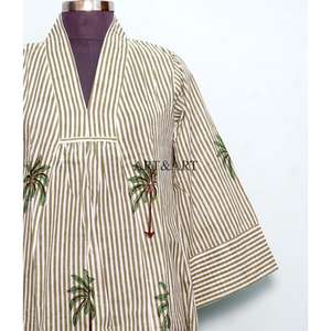 เดรสผ้าฝ้ายน้ำหนักเบาเป็นมิตรกับสิ่งแวดล้อม ระบายอากาศได้ดี ซักได้ พิมพ์ลายต้นปาล์ม ทรงหลวม ยาวปานกลาง คอวี แขนสามส่วน สำหรับผู้หญิง - Product Image 2