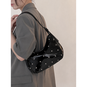 Black Waterproof PU Arm <b>Bag</b> <b>Silver</b> Rivets Zipper Closure Single Strap Fashion Women's Shoulder Smooth Surface Daily Life Use All - Product Image 2
