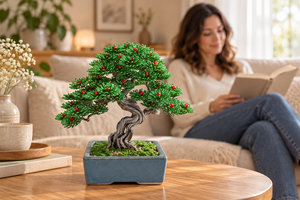 Árbol Bonsái Artificial de Alambre Metálico Hecho a Mano, Pino con Bayas Rojas y Hojas Verdes en Maceta Rectangular de Porcelana - Product Image 4