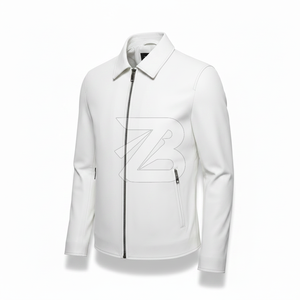 Custom Brand <b>Men's</b> Genuine Leather <b>Jacket</b> <b>White</b> Office Casual Turn-down Collar Zip-Up Minimalist Style Breathable Eco-Friendly - Product Image 1
