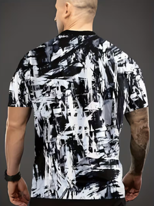 Camiseta Estampada de Moda para Hombre, Cuello Redondo, Uso Casual, Tela Suave y Cómoda, Diseño Elegante con Bloques de Color, Blanco y Negro, para Uso Diario - Product Image 2