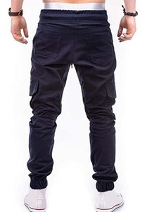 <b>Men's</b> Navy Blue Cotton Cargo Sweatpants <b>Elastic</b> Waist Drawstring Multiple Pockets Casual Autumn Wear Midweight Breathable - Product Image 3