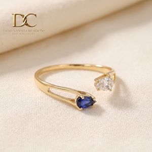 Classic Designer 14KT Solid Yellow Gold <b>Adjustable</b> <b>Ring</b> with Lab Grown Diamond and Blue Sapphire IGI Certified Jewelry for Women - Product Image 5