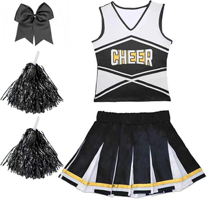 Ensemble uniforme de cheerleading pour filles, haut sans manches à col en V, jupe plissée, nœud, pompon, costume de fête d'Halloween, 100% polyester - Product Image 2