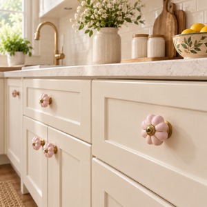SHUBHAM <b>Pink</b> Flower Ceramic Cabinet Knob with Gold Tone Hardware Decorative Drawer Dresser <b>Wardrobe</b> Furniture Handle - Product Image 5