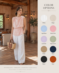 OEM Custom Bulk Supplier Women Casual Sleeveless Cotton <b>Linen</b> Blouse Elegant Cowl Neck <b>Top</b> Vintage Bohemian Adjustable Waist Tie - Product Image 3
