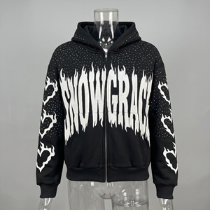 Snowgrace Hooded <b>Sweatshirt</b> Black Flame <b>Heart</b> Print Zipper Front Oversized Fit Men Streetwear Winter Knitted Cotton - Product Image 3