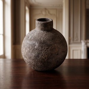 Home Basket Bali Antique Round Stone Look <b>Ceramic</b> <b>Vase</b> Rustic Handmade Tabletop Rough Textured Spherical Design for Home Decor - Product Image 2