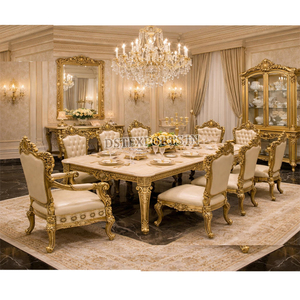 Meubles de salle à manger classiques inspirés du style baroque, finition or royal, table et chaises en bois pour 8 personnes, Sydney - Product Image 1