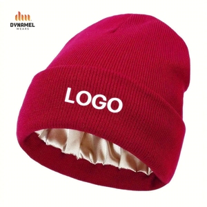 Bonnet d'hiver unisexe en tricot côtelé avec doublure en satin rouge vin, logo personnalisé DYNAMEL - Product Image 5