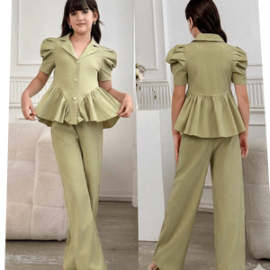 Girls Sage Green Peplum <b>Blazer</b> & Wide Leg Trouser <b>Set</b> Formal Chic Coord Contemporary Occasion Wear - Product Image 4